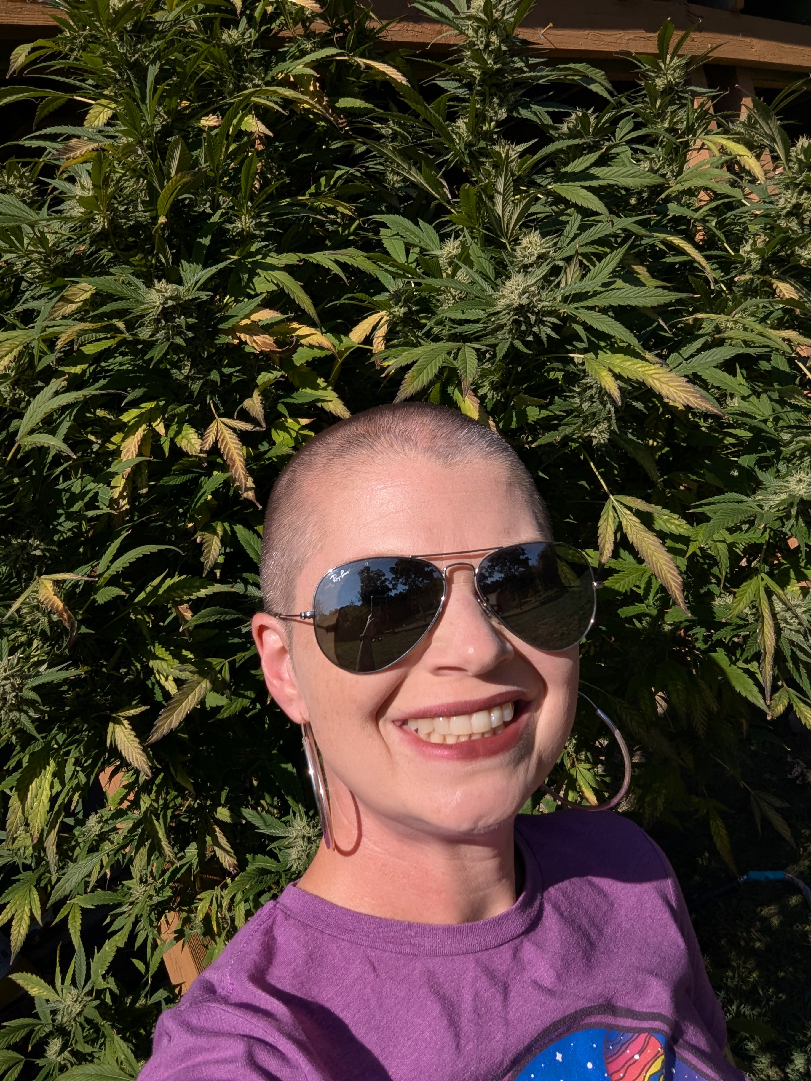 Kira standing in front of a very tall cannabis plant