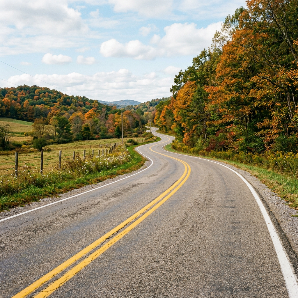 Winding paved road with yellow center lines, surrounded by trees with orange and green leaves and open fields